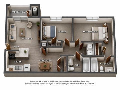 Floor plan for 2 beds, 2 baths, 950 sqft